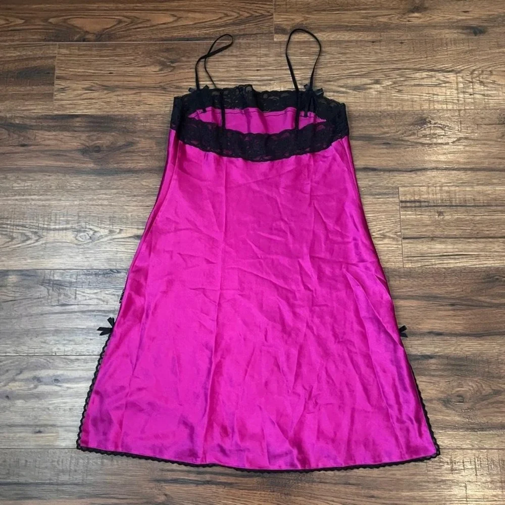 La Senza Pink Satin Slip Dress Black Lace Trim & Bow Women M Y2K Coquette Fairy - Picture 4 of 6